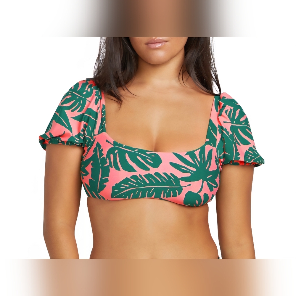 Volcom Juniors' Leaf Ur Life Square- Neck Crop Bikini Top - Emerald Green, M